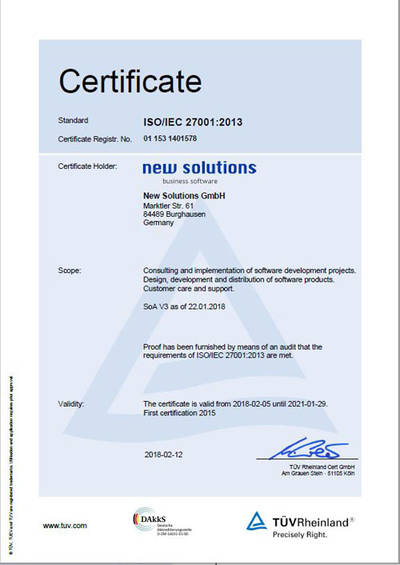 Zertifizierung der New Solutions GmbH nach der  ISO/IEC-Norm 27001